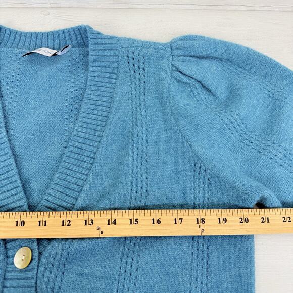 Anthropologie Greylin Puff Short Sleeve Cardigan Sweater Large Teal Romantic - Picture 10 of 13